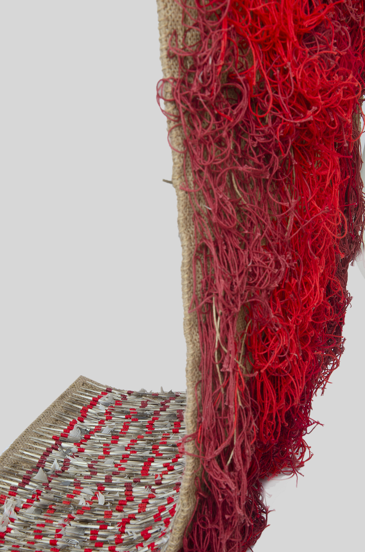 Of all the sky V, Feathers and thread on jute, 108 in H X 22 in W